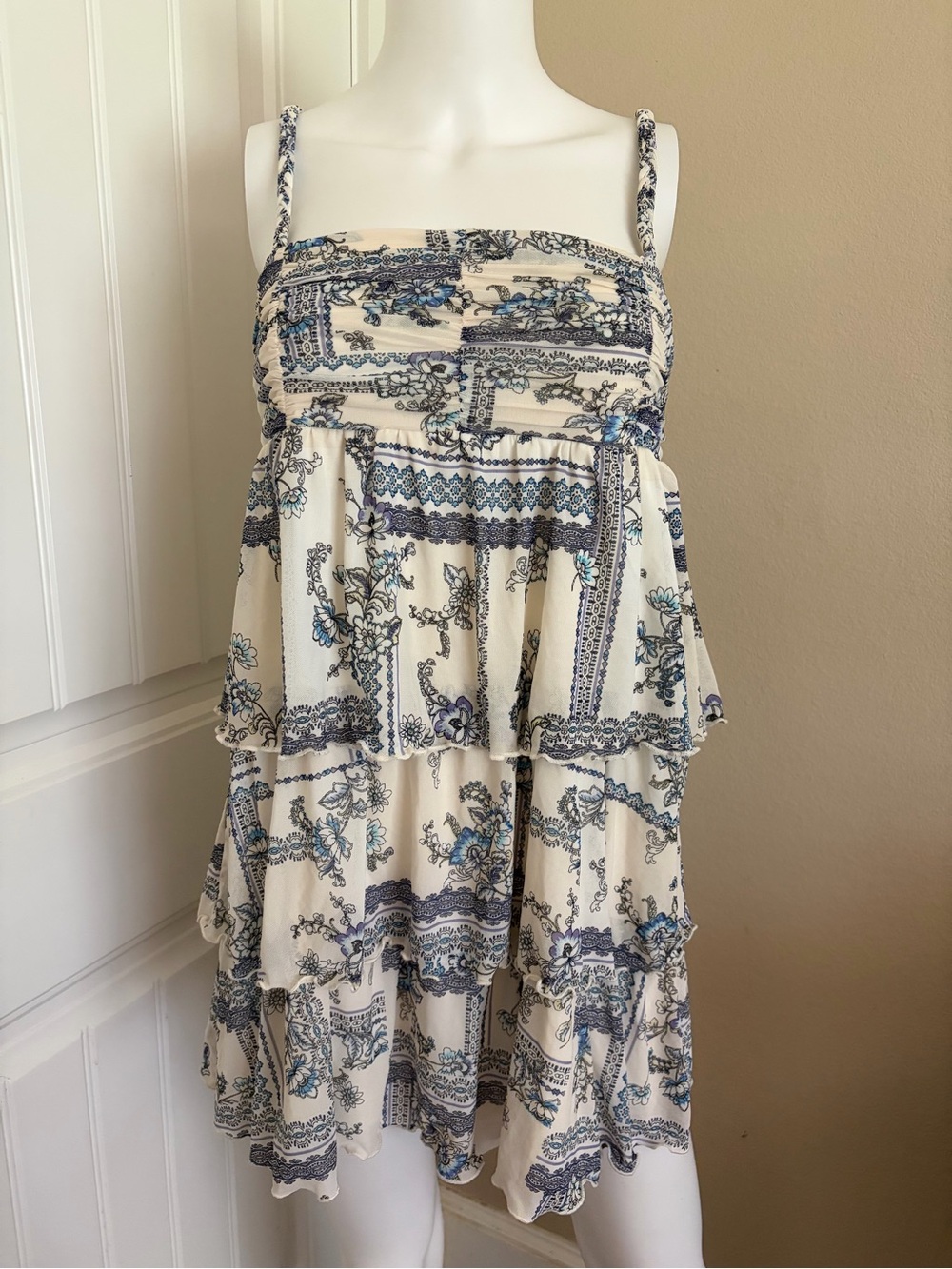 Tiered White and Blue Floral Flowy Mini Dress